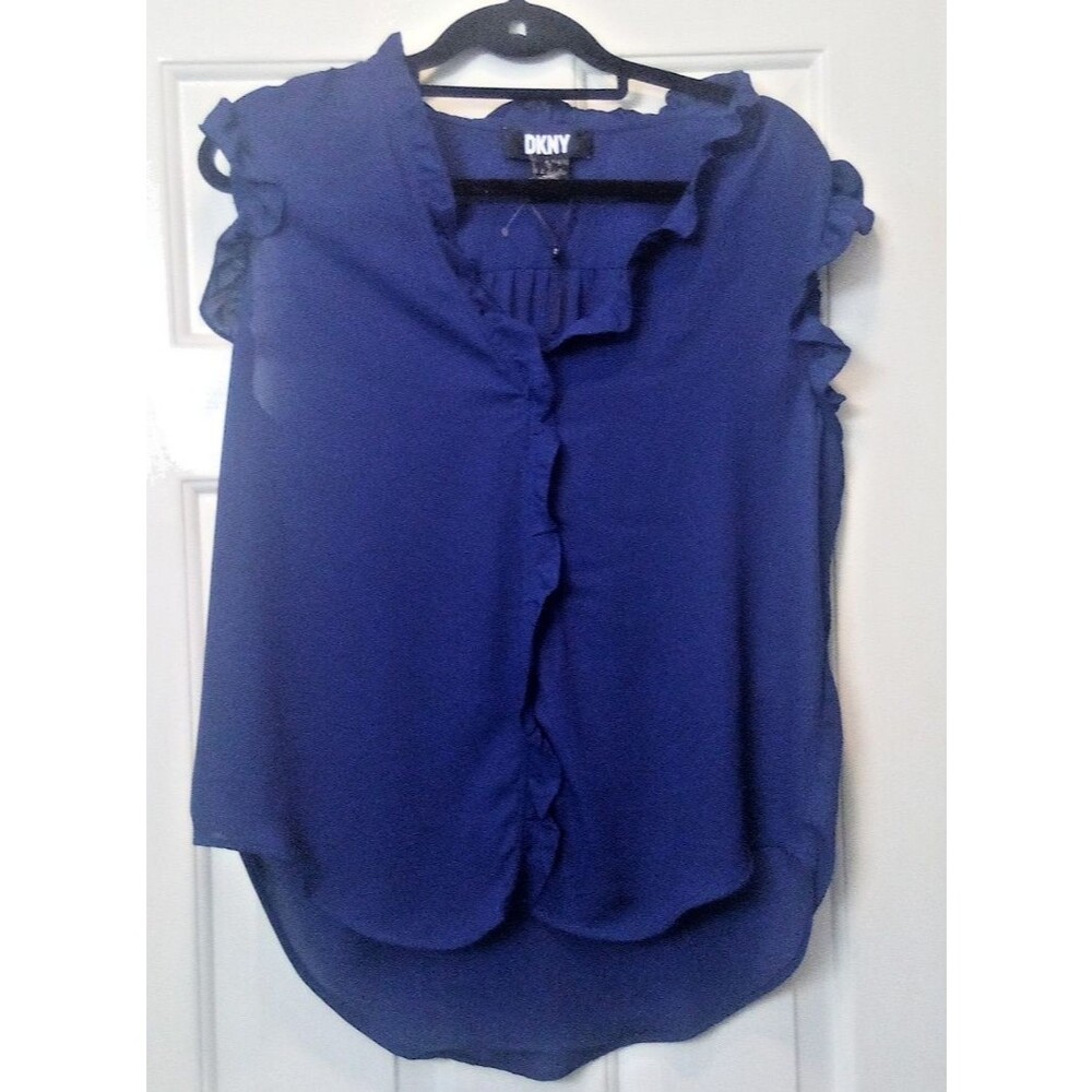 DKNY Women's Royal Blue Ruffle V-Neck Sleeveless Chiffon Blouse Top - Size Large